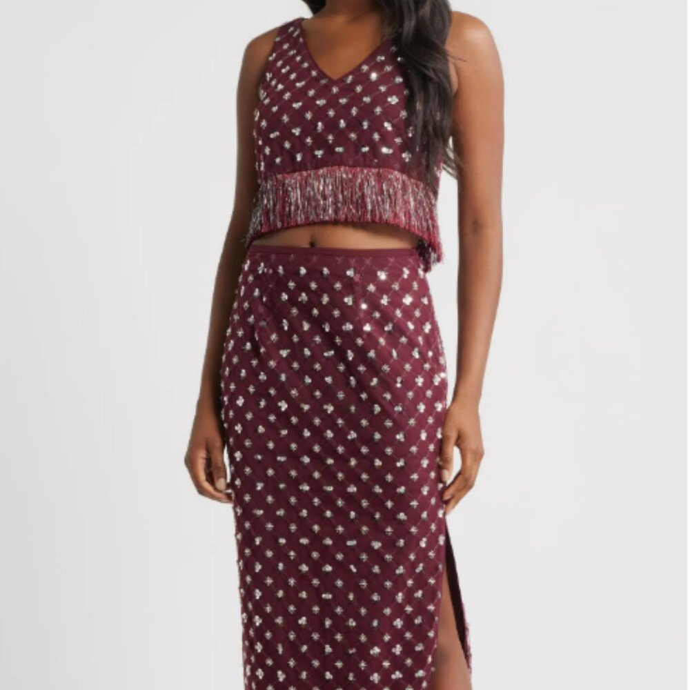 Saylor_  Embellished Dark Red Fringe Crop Top & Midi Skirt Set_Size Small